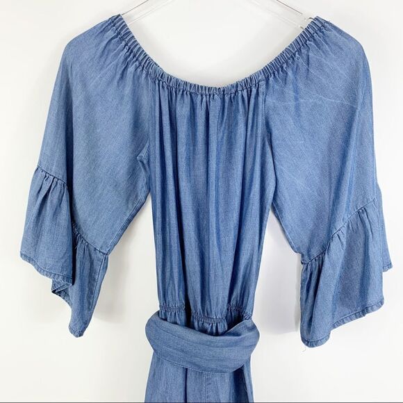 RD Style‎ Chambray Off-the-Shoulder Romper w/Wide Belt and Peplum Sleeves - Picture 8 of 12